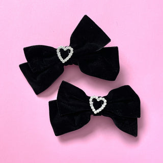 Black Love Heart Velvet Hair Bows - 2pc