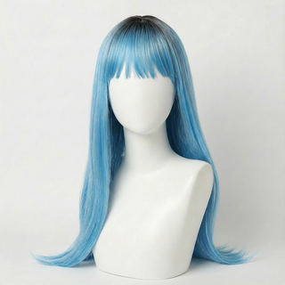 "Jade" - Long Blue Wig with Bangs and Dark Root