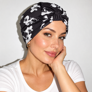 Hair Loss Headwrap Cotton Cap with Satin Liner, Black & White