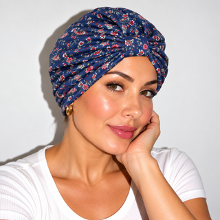 Hair Loss Headwrap Cotton Cap with Satin Liner, Navy Blue