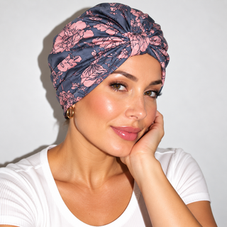 Hair Loss Headwrap Cotton Cap with Satin Liner, Grey Floral