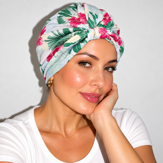 Hair Loss Headwrap Cotton Cap with Satin Liner, Green Leaf