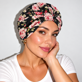 Hair Loss Headwrap Cotton Cap with Satin Liner, Black Floral