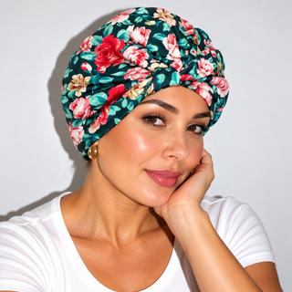 Hair Loss Headwrap Cotton Cap with Satin Liner, Teal Leaf
