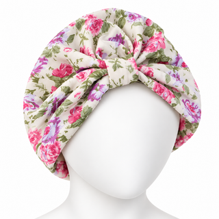 Hair Loss Headwrap Cotton Cap with Satin Liner, White Floral