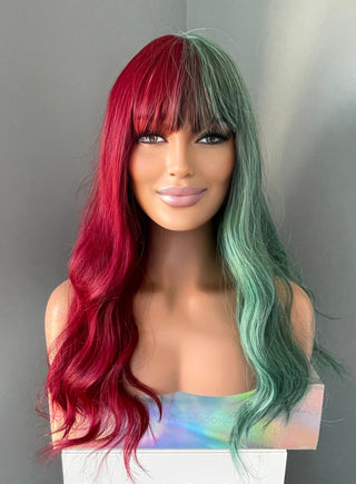 "Christmas" - Long Two Tone Red Green Wig With Bangs