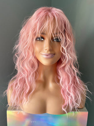 Curly Women's 80's Wig with Bangs - Pink