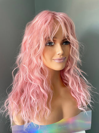 Curly Women's 80's Wig with Bangs - Pink