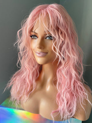 Curly Women's 80's Wig with Bangs - Pink