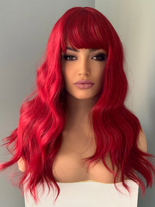 "Ruby" - Vibrant Red Body Wave Wig with Bangs