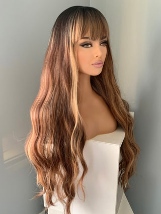 "Carmen" - Long Highlighted Brown Body Wave Wig with Bangs