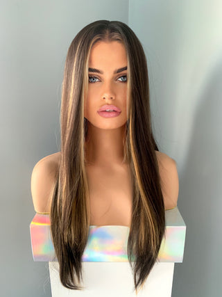 "Kat" - Straight Brown Partial Lace Front Wig with Blonde Highlights