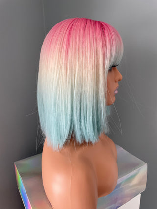 "Starlette" - Short Pink Blue Ombre Rainbow Wig with Bangs