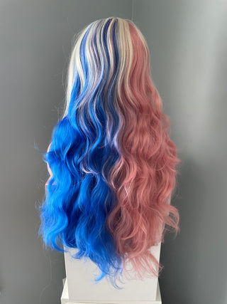 "Harley Quinn" - Long Pink Blue Costume Wig