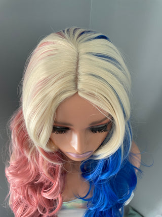 "Harley Quinn" - Long Pink Blue Costume Wig