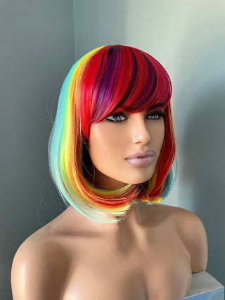 "Joy" - Bright Rainbow Bob Wig with Bangs