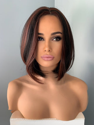"Portia" - Brown Short Bob Wig with Red Highlights