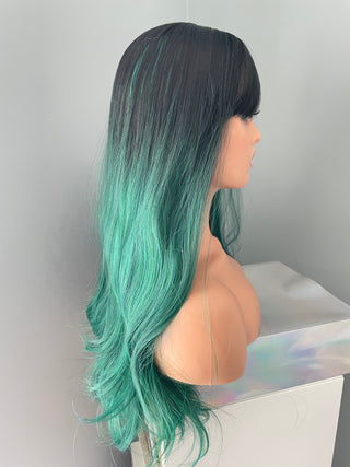 "Gemma" -  Long Green Rooted Wig with Bangs