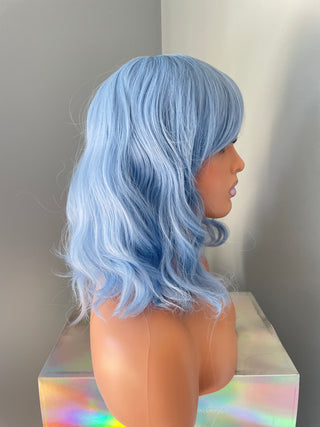 "Faye" - Short Pastel Blue Body Wave Wig with Bangs