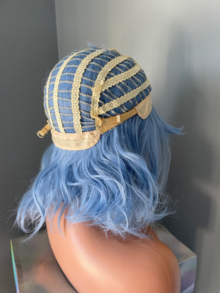 "Faye" - Short Pastel Blue Body Wave Wig with Bangs