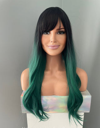 "Gemma" -  Long Green Rooted Wig with Bangs
