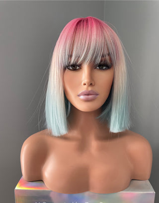 "Starlette" - Short Pink Blue Ombre Rainbow Wig with Bangs
