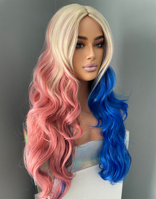 "Harley Quinn" - Long Pink Blue Costume Wig