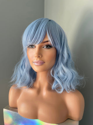 "Faye" - Short Pastel Blue Body Wave Wig with Bangs