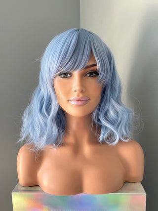 "Faye" - Short Pastel Blue Body Wave Wig with Bangs