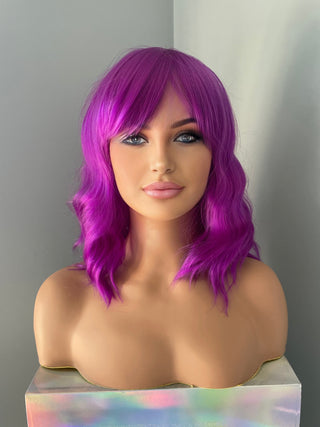 "Sable" - Short Neon Purple Body Wave Wig with Bangs