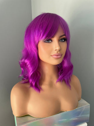 "Sable" - Short Neon Purple Body Wave Wig with Bangs