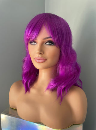 "Sable" - Short Neon Purple Body Wave Wig with Bangs