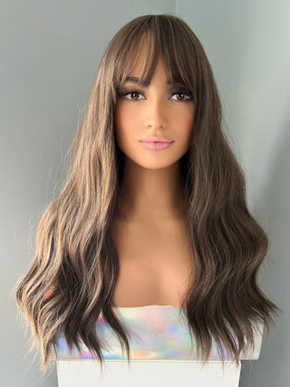 "Brittany" - Beach Wave Brown Wig with Bangs