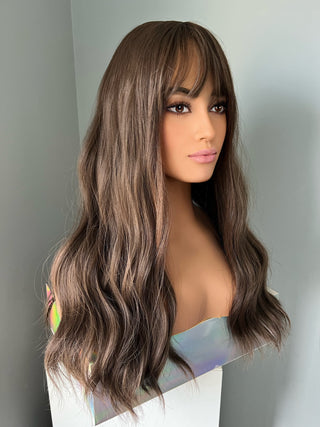 "Brittany" - Beach Wave Brown Wig with Bangs