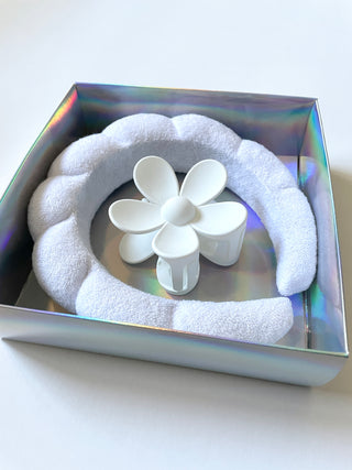 Spa Headband and Flower Hair Clip Set - White