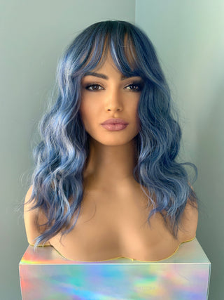 "Arya" - Blue Beach Wave Wig with Bangs