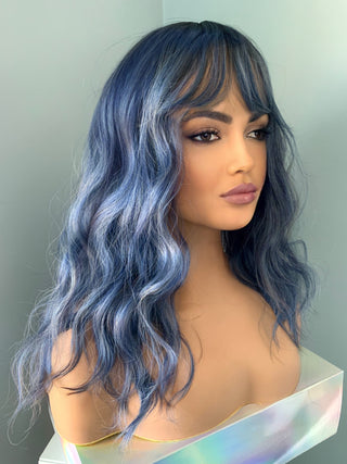 "Arya" - Blue Beach Wave Wig with Bangs