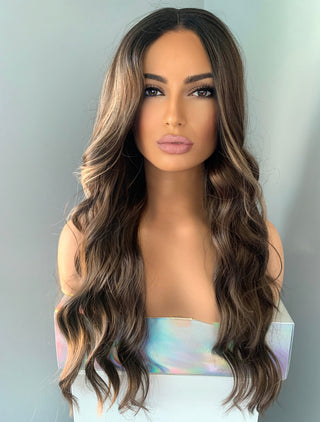 "Tatianna" - Wavy Brown Lace Front Wig with Highlights