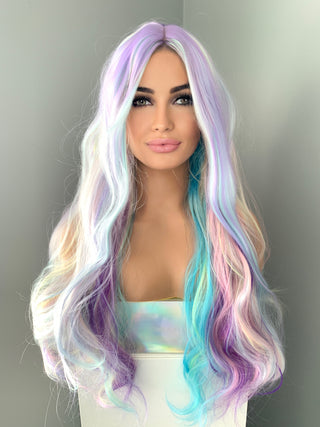 "Dolly" - Long Wavy Neon Rainbow Wig