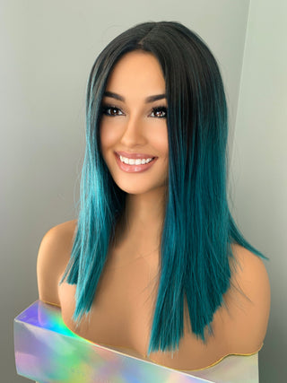"Demi" - Straight Teal Green Rooted Wig