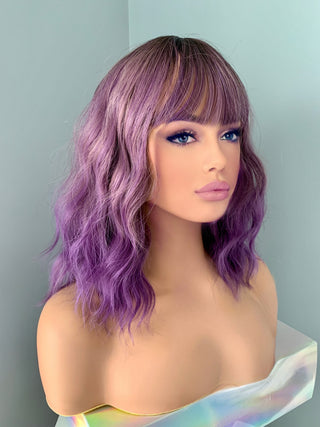 "Norah" -Short Purple Body Wave Wig with Bangs