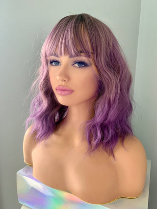 "Norah" -Short Purple Body Wave Wig with Bangs