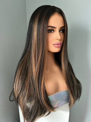 "Drew" - Silky Straight Brown Wig with Highlights