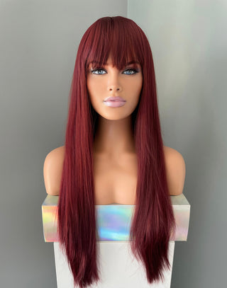 "Raven" - Long Red Silky Straight Wig with Bangs