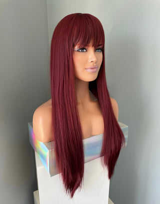 "Raven" - Long Red Silky Straight Wig with Bangs