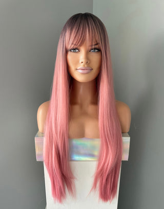 "Rosalie" - Long Pink Silky Straight Wig with Bangs