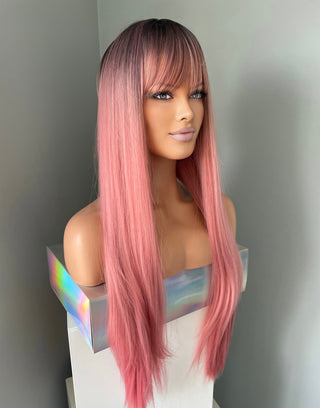 "Rosalie" - Long Pink Silky Straight Wig with Bangs