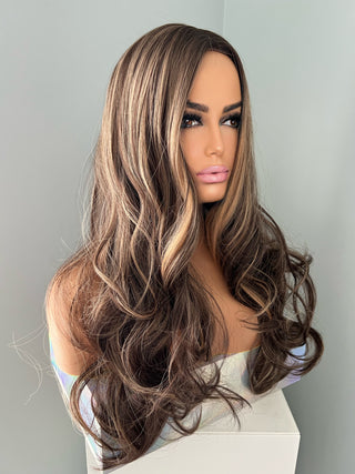 "Devon" - Long Brown Curled Wig With Highlights