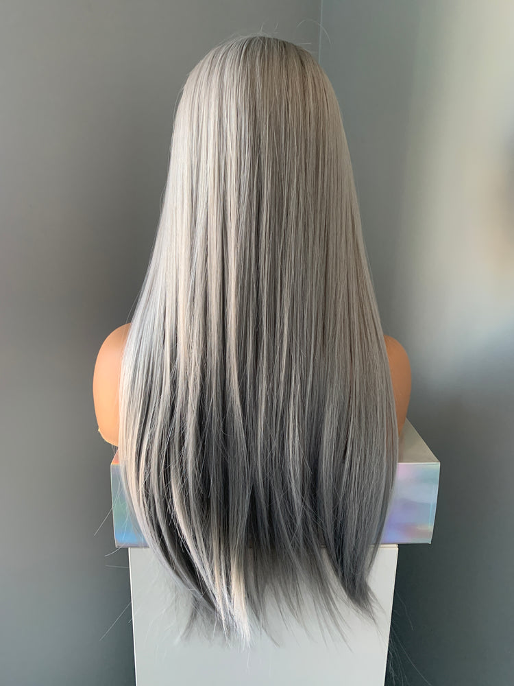 "Winny" - Long Straight Grey Silver Synthetic Wig with Bangs