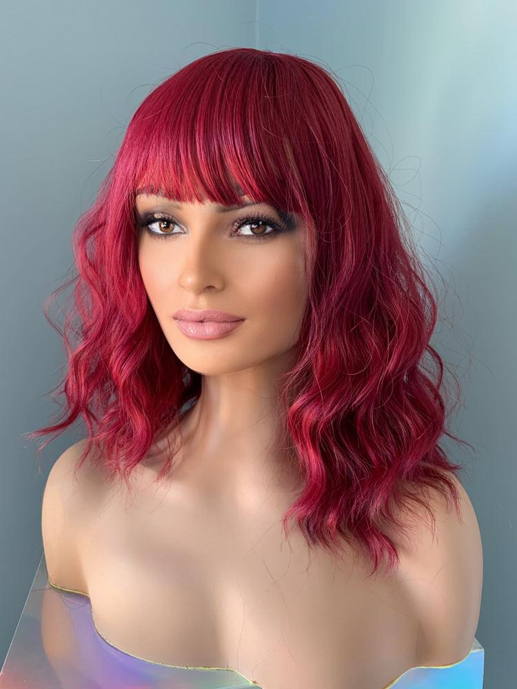 "Poppy" - Short Red Synthetic Body Wave Wig with Bangs